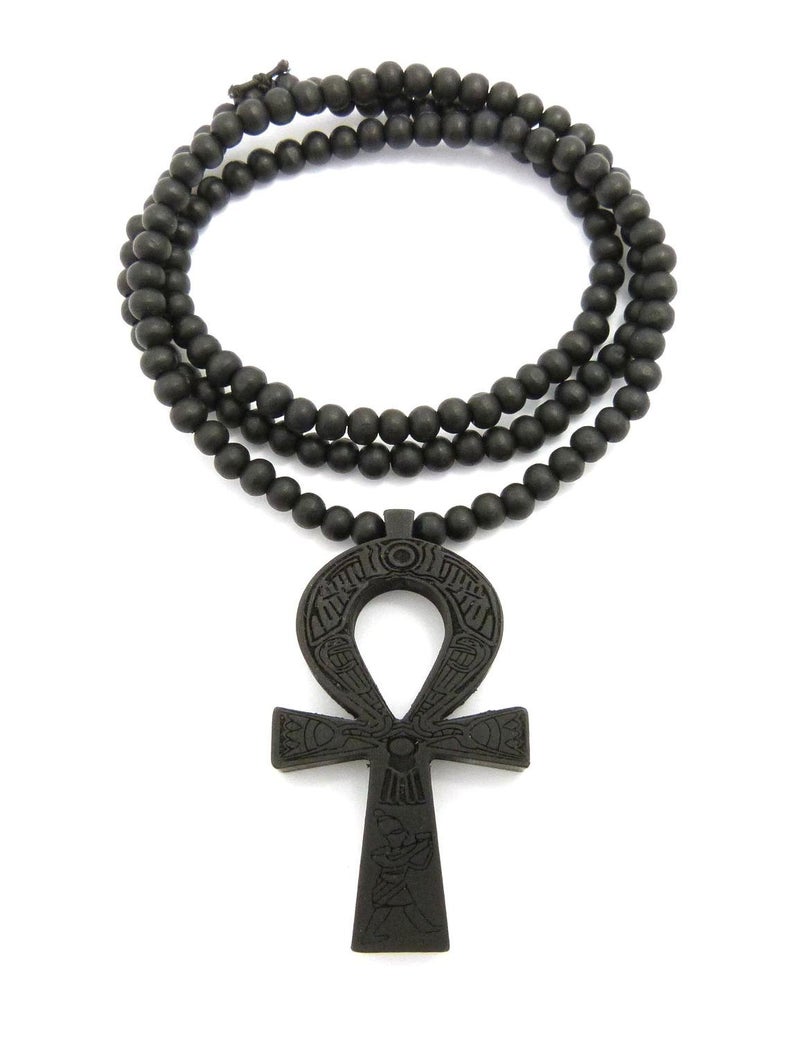Fashion 21 Egyptian Ankh Cross Pendant 6mm 27" Stretchable Wooden Bead Necklace (3 Colors Available) (Black) - Image 1